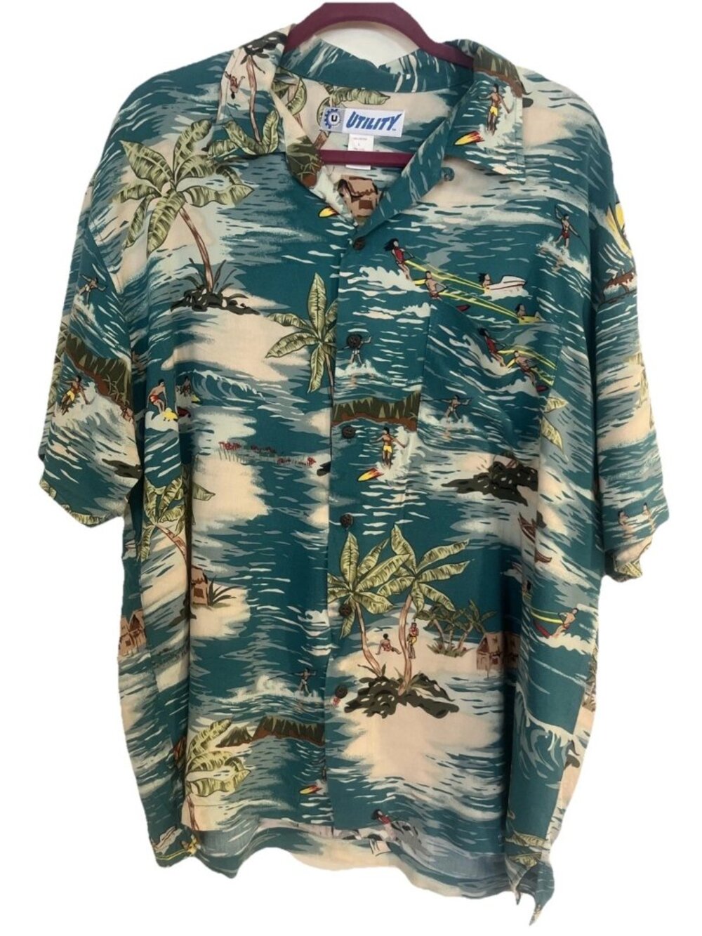 Utility Men's Hawaiian Shirt Teal Blue Surfing Waves Beach Sports Boats Sz L